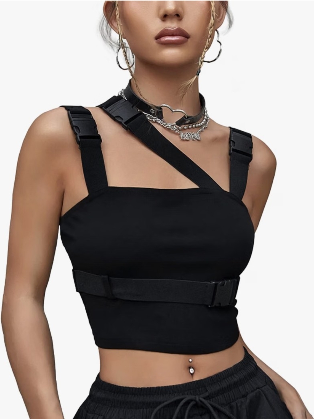 Black Strap Buckle Crop Top for Women